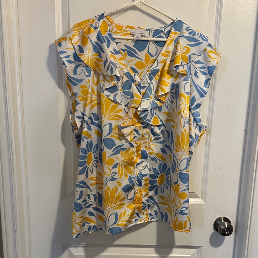 Liz Claiborne Floral Ruffle Blouse - Yellow and Blue